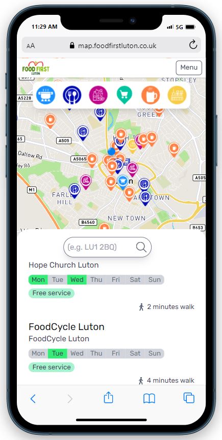 I-phone showing map of community food spaces in Luton