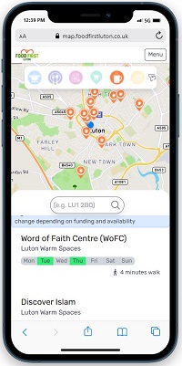 I-phone showing map of community food spaces in Luton