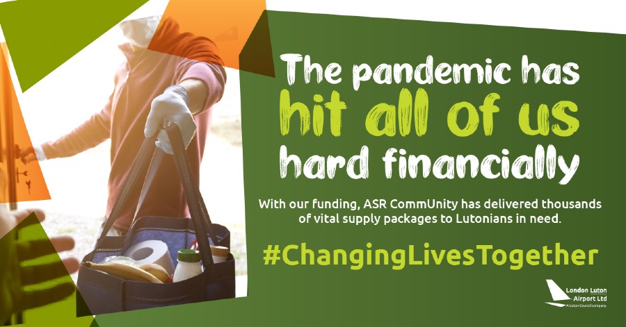 Image showing a volunteer shopping for those in need, with the words: The pandemic has hit all of us gard financially. With LLAL funding, ASR Community has delivered thousands of vital supply packages to Lutonians in need. #ChangingLivesTogether