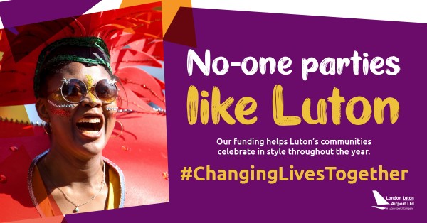 Image of a lady celebrating at Carnival, with the the wirds: No-one else parties like Luton. Our funding helps Luton's communities celebrate in style thorughour the year. #ChangingLivesTogether