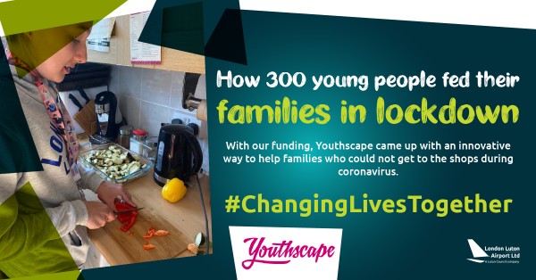 Image showing the Youthscape and LLAL logoos, plus a young person chopping vegetables. Contains and the words: how 300 young people fed their families in lockdown. With our help, Youthscape came up with an innovative way to help families who could not get to the shops during coronavirus. #ChangingLivesTogether