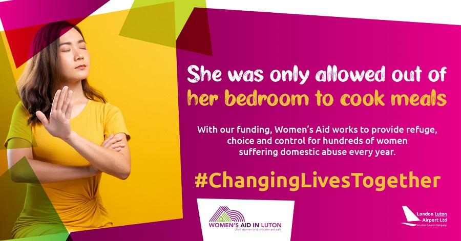 Picture of women in yellow dress with arms crossed and eyes closed next to quote Changing Lives Together