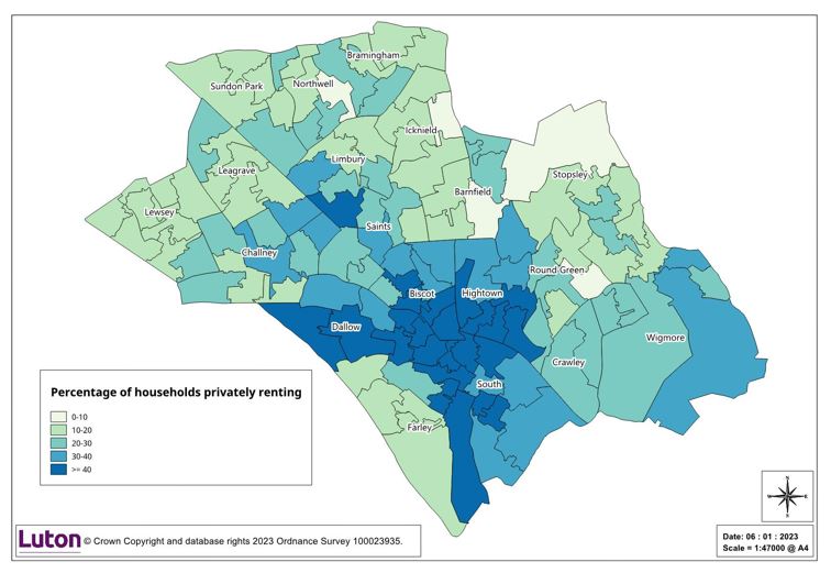 Figure 3: Percentage of households privately renting by LSOA, Luton 2021. Source: Data & graphic, 2021 Census, Office for National Statistics (figure 3)