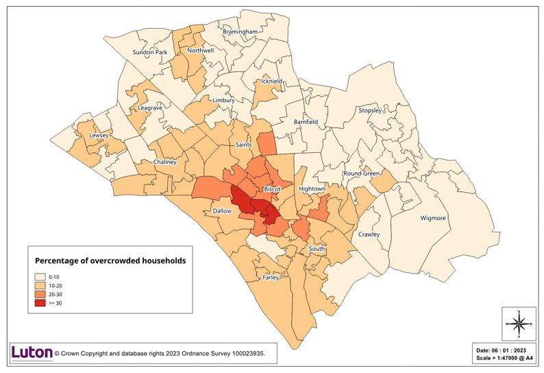Figure 6: Percentage of over-crowded households in Luton by LSOA, 2021. Source: Data & graphic, 2021 Census, Office for National Statistics (figure 6)