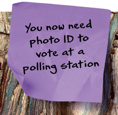 Image of a purple sticky note showing the words 'you new need photo ID to vote at a polling station