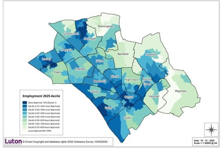 Map of Luton showing different indices of deprivation relating to emplyment. Test explanation underneath image.