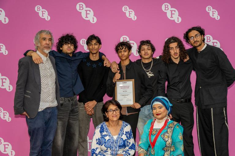 Leader of Luton Council Cllr Tahmina Saleem and Deputy Mayor Cllr Fatima Begum with the cast and filmmakers of Ish