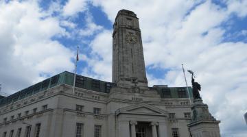 Luton Town Hall with blue clouds in the background