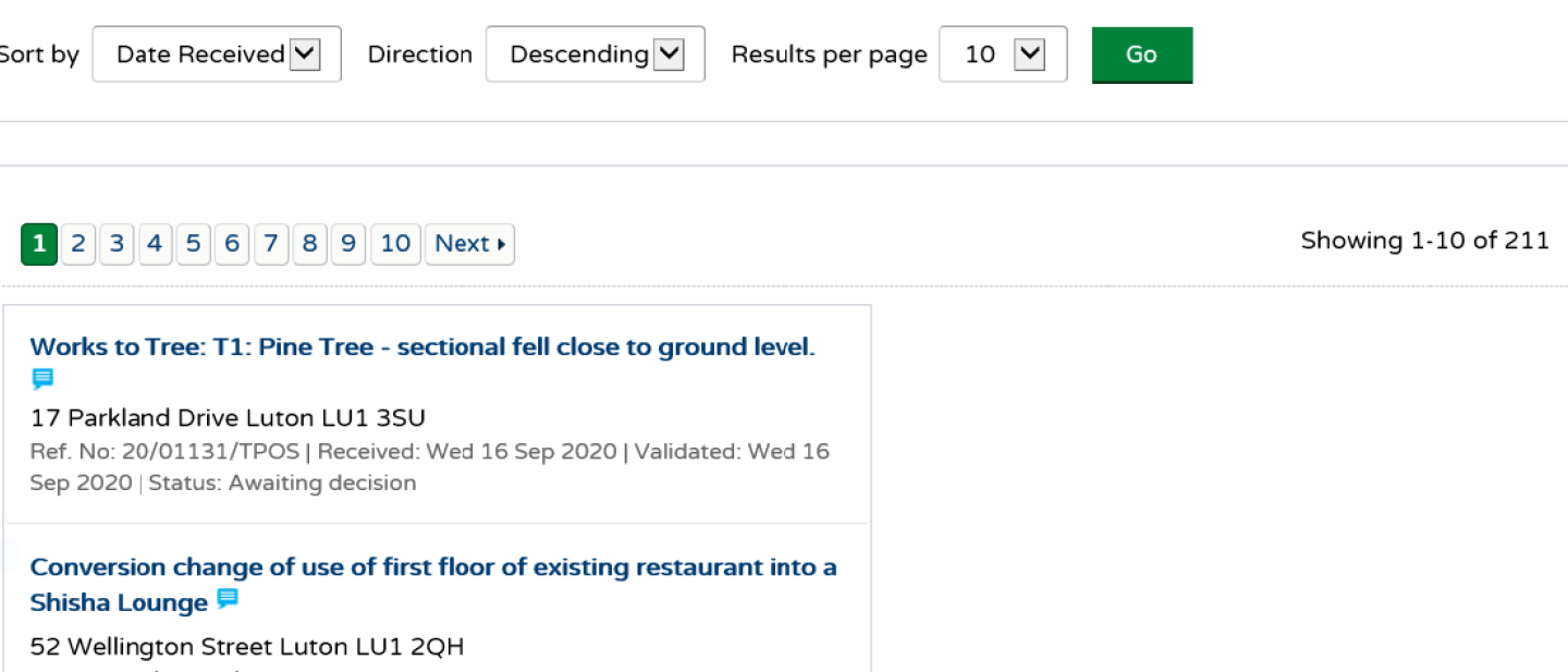 Screenshot of sorting search results